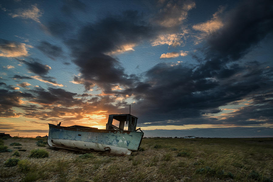 Abandoned Fishing Boat Sunset Landscape Digital Painting Photograph