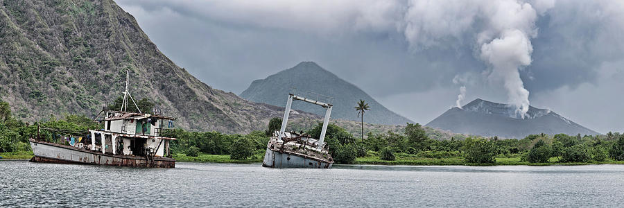 Nature Photograph - Abandoned Ships With Volcano by Panoramic Images