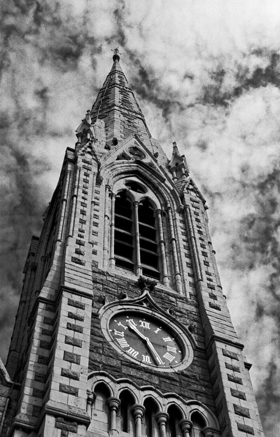 Black And White Photograph - Abbey Church Clock in Black and White by Greg and Chrystal Mimbs