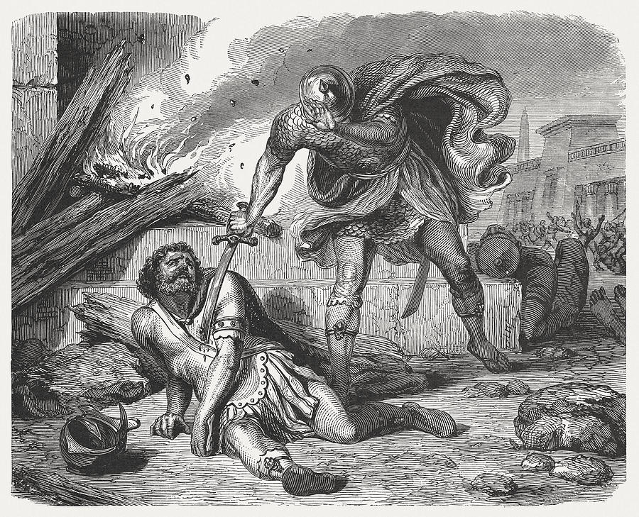 Abimelech’s Death (Judges 9, 54), wood engraving, published in 1886 Drawing by Zu_09