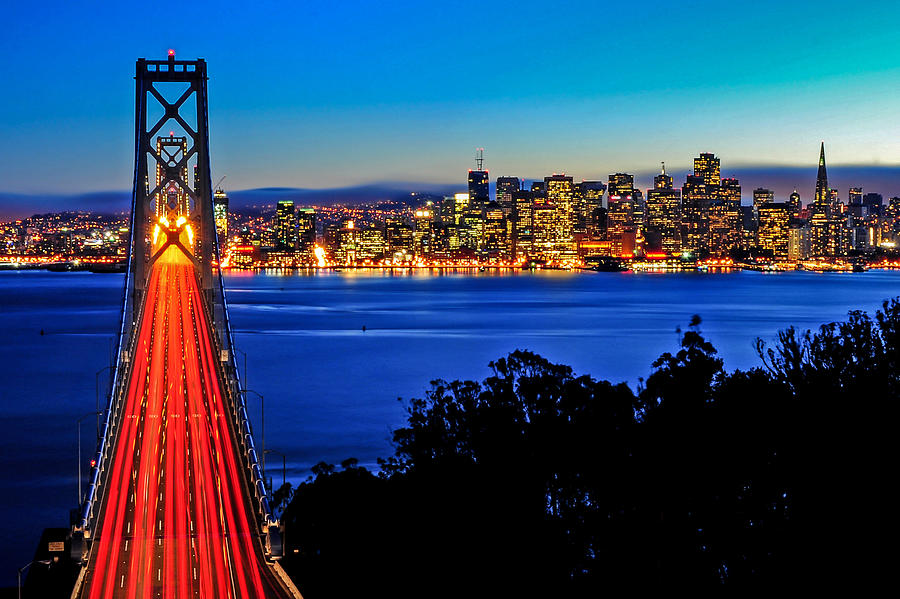 Above the Bay Bridge and San Francisco Skyline Photograph by Joel Thai