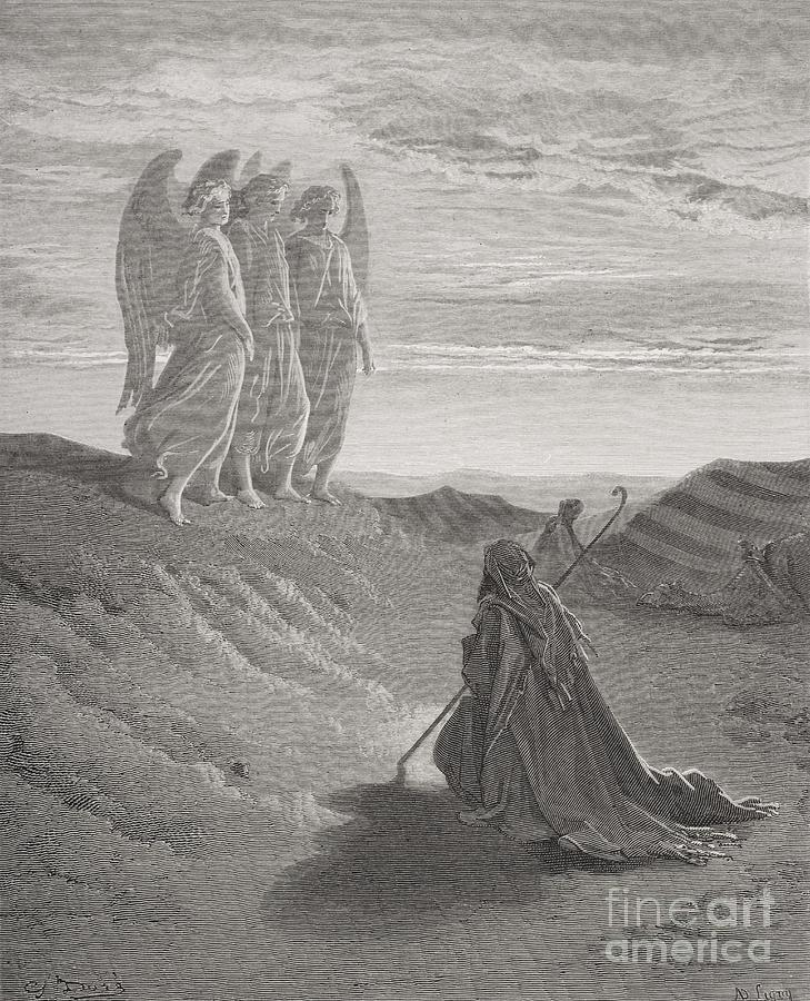 Abraham and the Three Angels Drawing by Gustave Dore