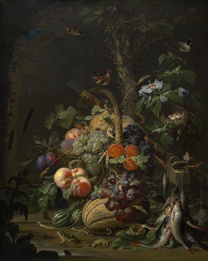 Flower Painting - Abraham Mignon Still Life with Fruit Fish and a Nest c 1675 by MotionAge Designs