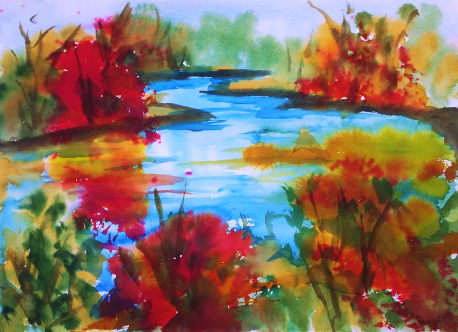 Abstract - Autumn Blaze on Catskill Creek Painting by Ellen Levinson