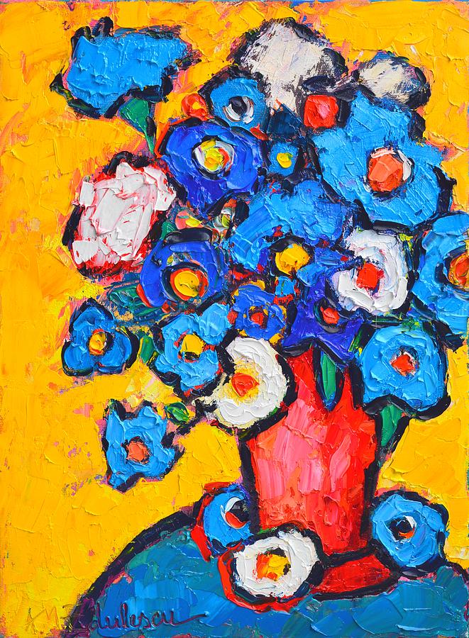Abstract Blue And White Poppies On Yellow Painting by Ana Maria Edulescu