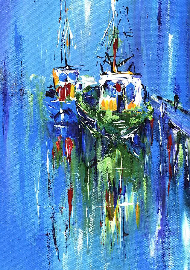 Abstract Boats on blue- available as a signed and numbered print on canvas www.pixi-art.com Painting by Mary Cahalan Lee - aka PIXI