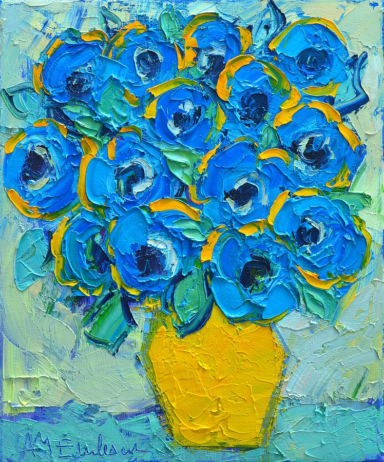 Abstract Bunch Of Blue Poppies In Yellow Vase Painting by Ana Maria Edulescu