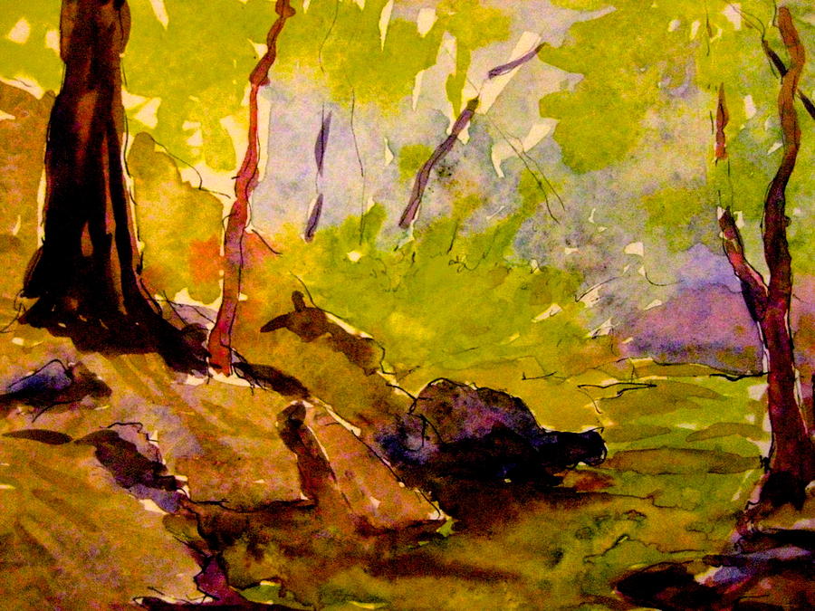 Abstract Creek in Woods Painting by Gretchen Allen