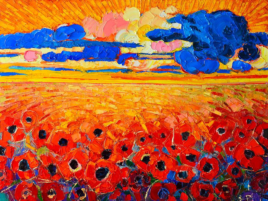 Abstract Field Of Poppies Under Cloudy Sunset  Painting by Ana Maria Edulescu