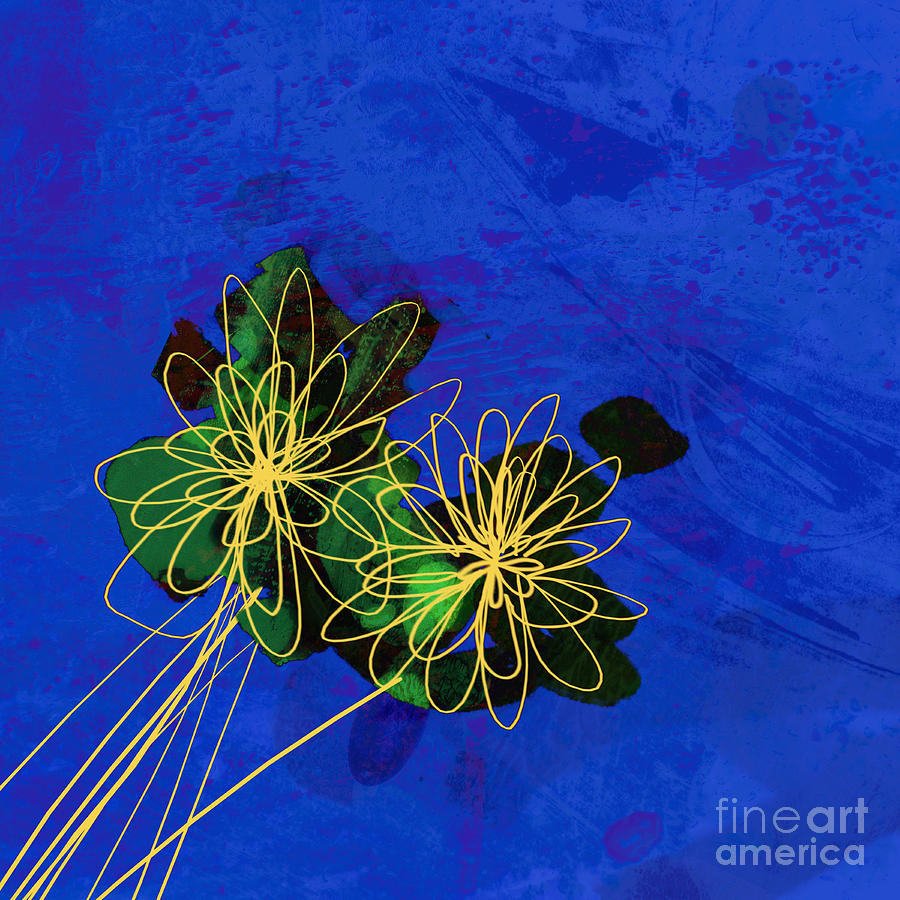 Abstract Flowers on Blue Painting by Ann Powell