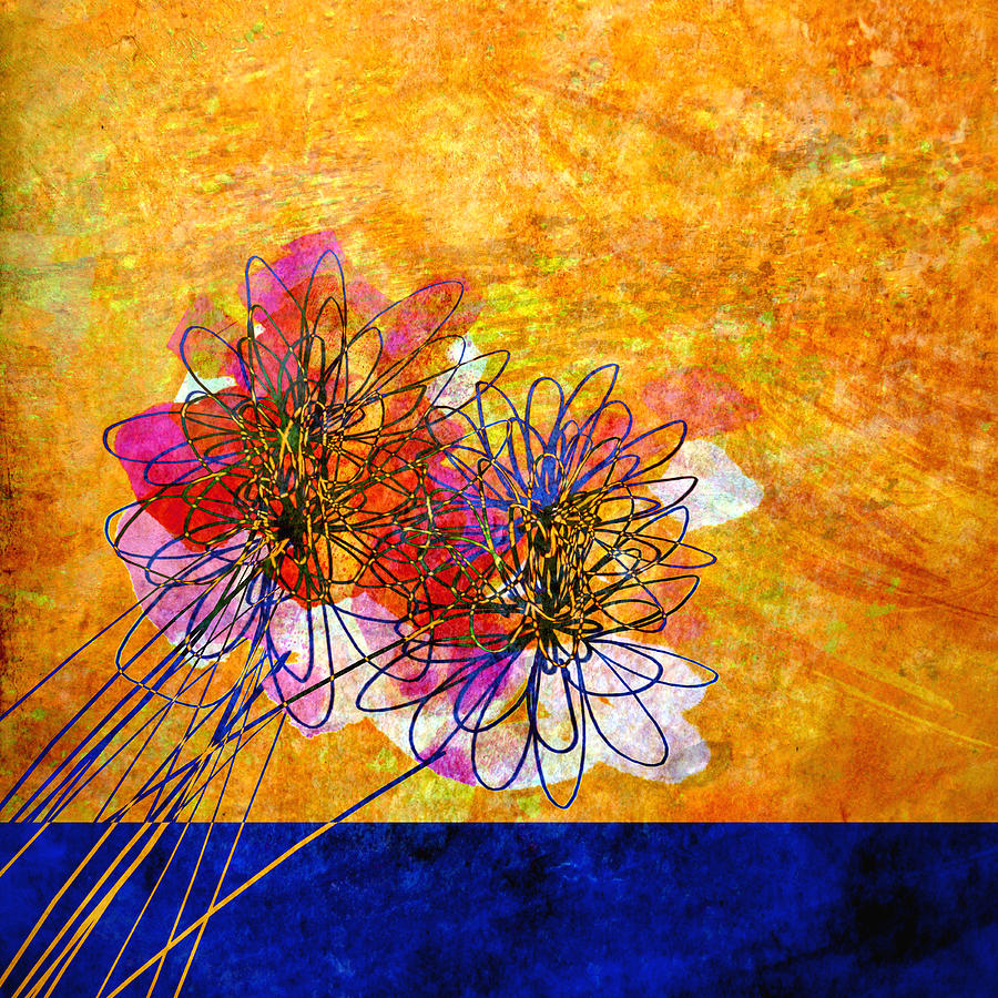 Abstract Flowers Orange and Blue Painting by Ann Powell