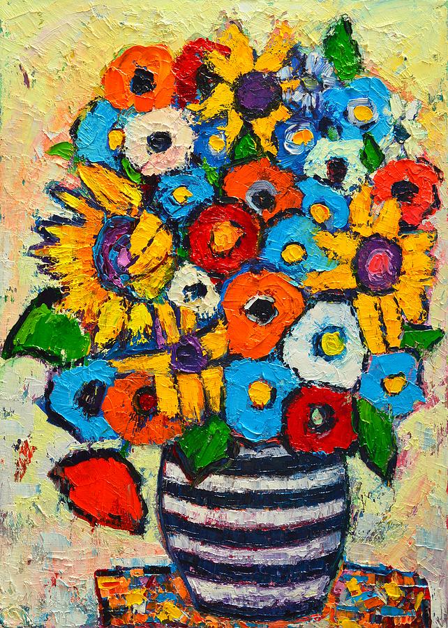 Abstract Painting - Abstract Flowers - Sunflowers And Colorful Poppies In Striped Vase by Ana Maria Edulescu