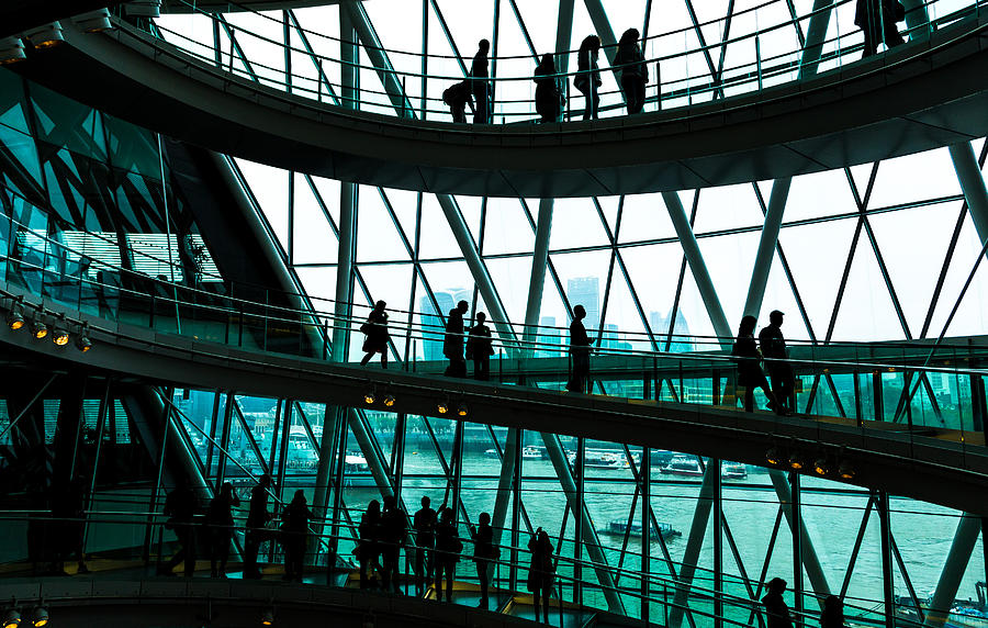Abstract modern architecture and silhouettes of people on spiral staircase Photograph by Coldsnowstorm