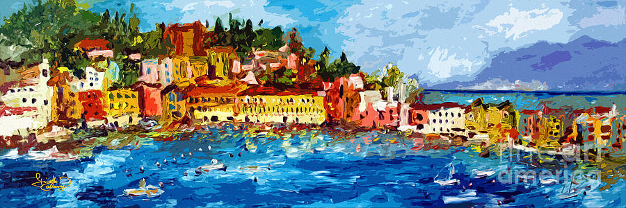 Abstract Panoramic Italian Seascape Sestri Levante Liguria Painting by Ginette Callaway