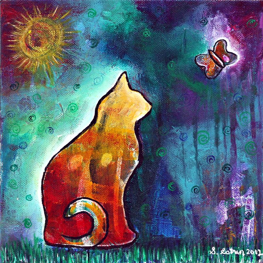 Abstract Rainbow Cat And Butterfly Painting By Stephanie Estrin Pixels