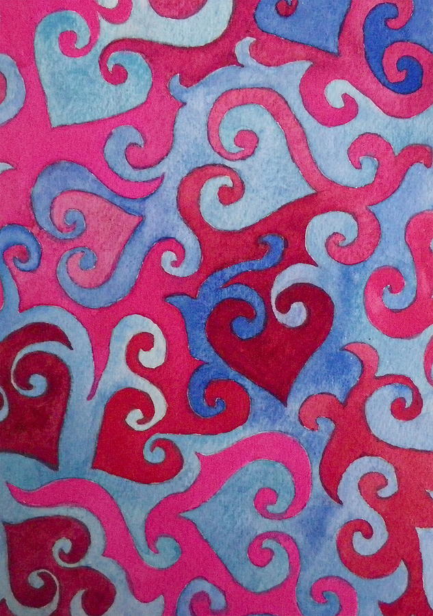 Abstract Red Pink Blue Hearts Painting by Anna Ruzsan