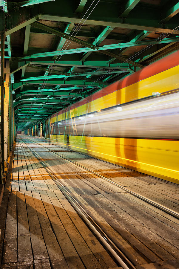 Transportation Photograph - Abstract Tram Light Trails on a Bridge by Artur Bogacki