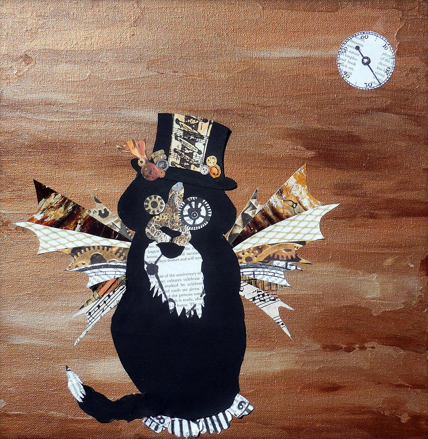 Abstract Cat Painting - Steampunk Style Cat Art Tuxedo Cat Abstract Cat Painting by Holly Anderson