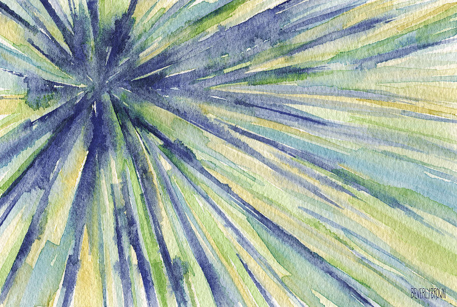 Abstract Watercolor Painting - Blue Yellow Green Starburst Pat Painting by Beverly Brown