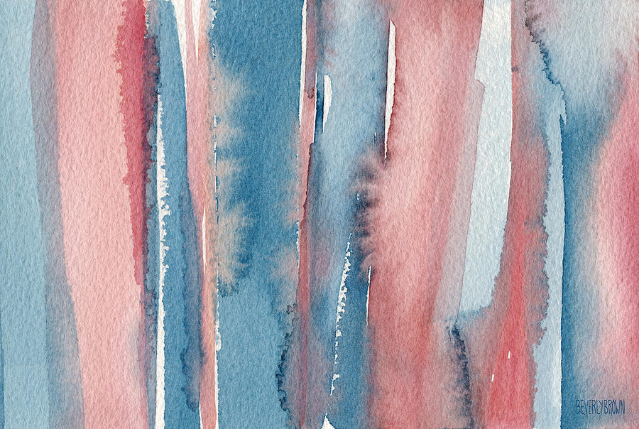 Abstract Watercolor Painting - Coral and Teal Blue Medium Stripes Painting by Beverly Brown Prints