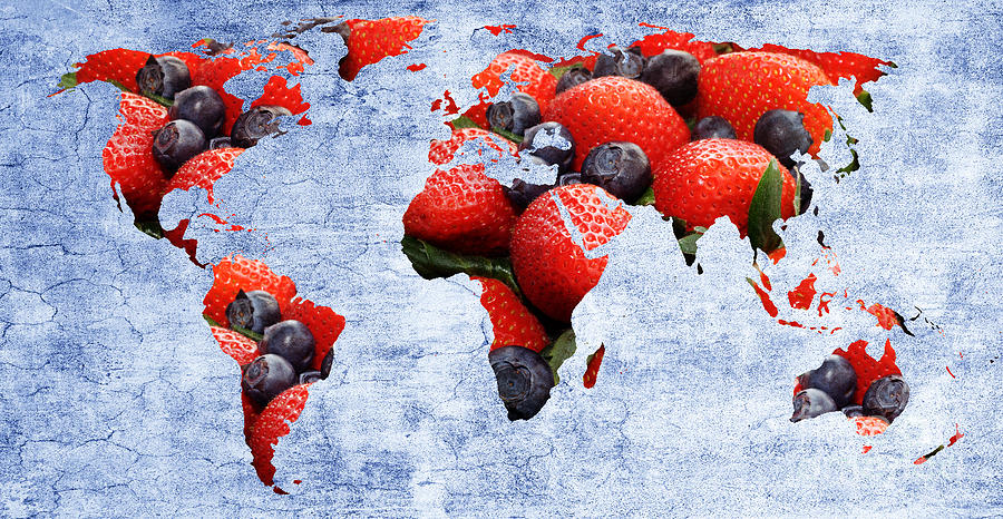 Abstract World Map - Berries And Cream - Blue Photograph by Andee Design