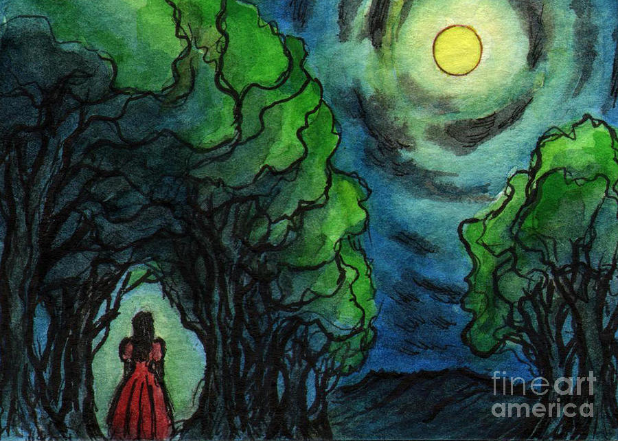 Tree Painting - AC224 Girl Under Full Moon by Kirohan Art