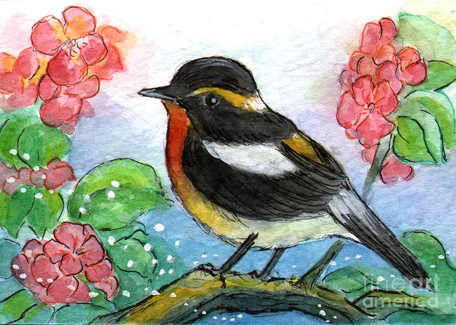 Nature Painting - Ac315 Little Bird and Flowers by Kirohan Art