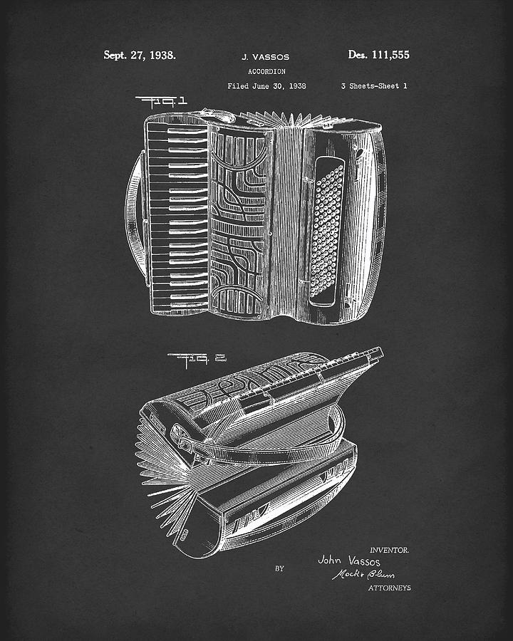 Accordion 1938 Patent Art Black Drawing by Prior Art Design