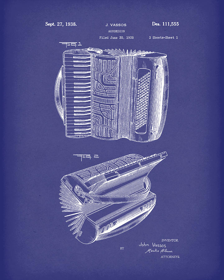 Accordion 1938 Patent Art Blue Drawing by Prior Art Design