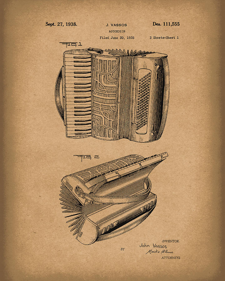 Accordion 1938 Patent Art Brown Drawing by Prior Art Design