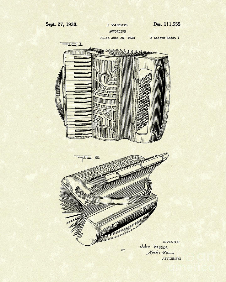 Accordion 1938 Patent Art Drawing by Prior Art Design