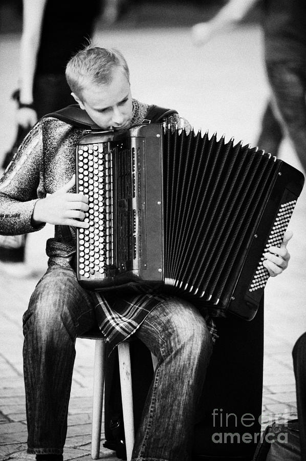 Accordion Player Playing Street Musician In Rynek Glowny Town Square