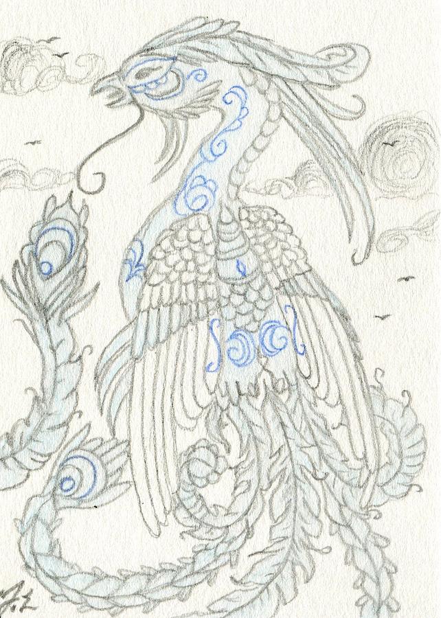 Fantasy Drawing - ACEO Blue Chinese Phoenix by Jennifer  Anne Esposito
