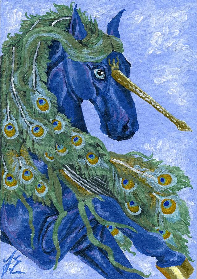 Unicorn Painting - ACEO Blue Peacock Unicorn by Jennifer  Anne Esposito