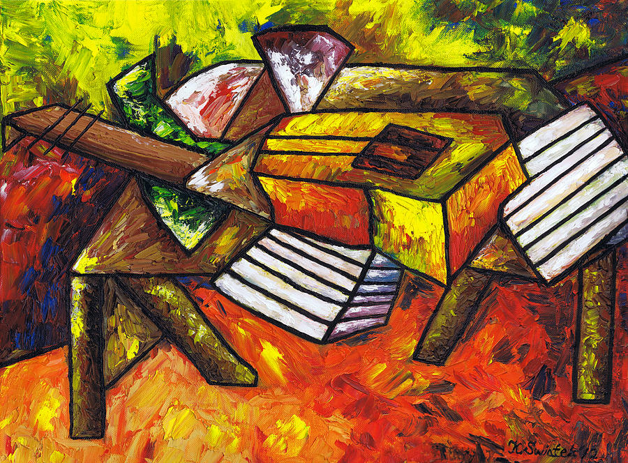Still Life Painting - Acoustic Guitar on Artists Table by Kamil Swiatek