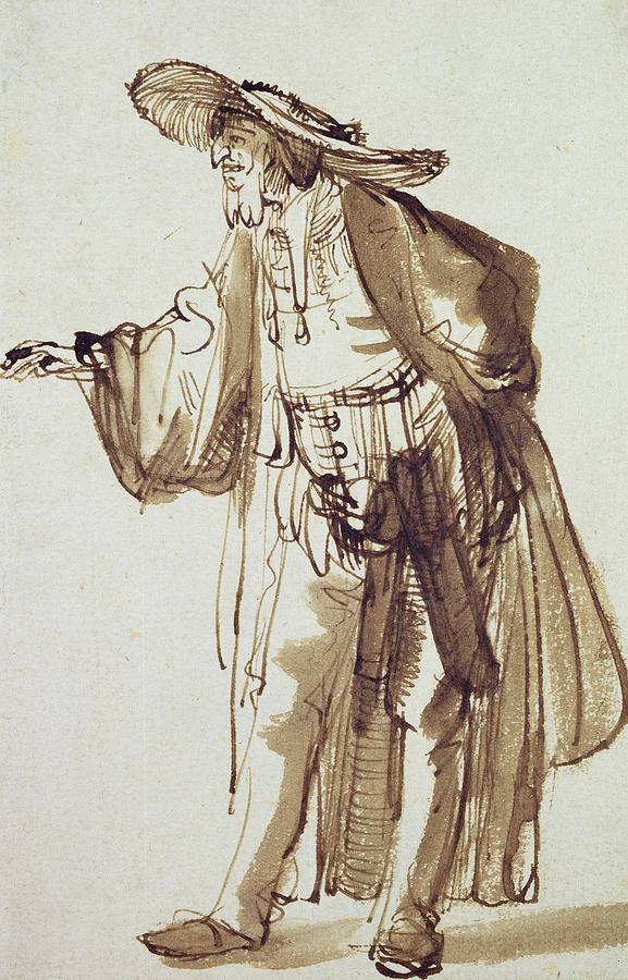 Rembrandt Drawing - Actor With A Broad-rimmed Hat by Rembrandt Harmensz van Rijn