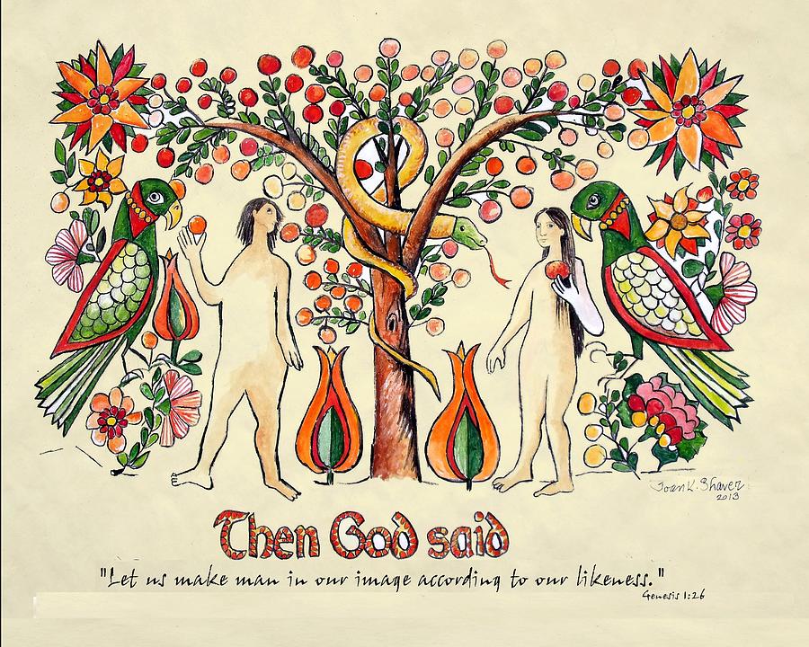 Genesis Painting - Adam and Eve Fraktur Art by Joan Shaver