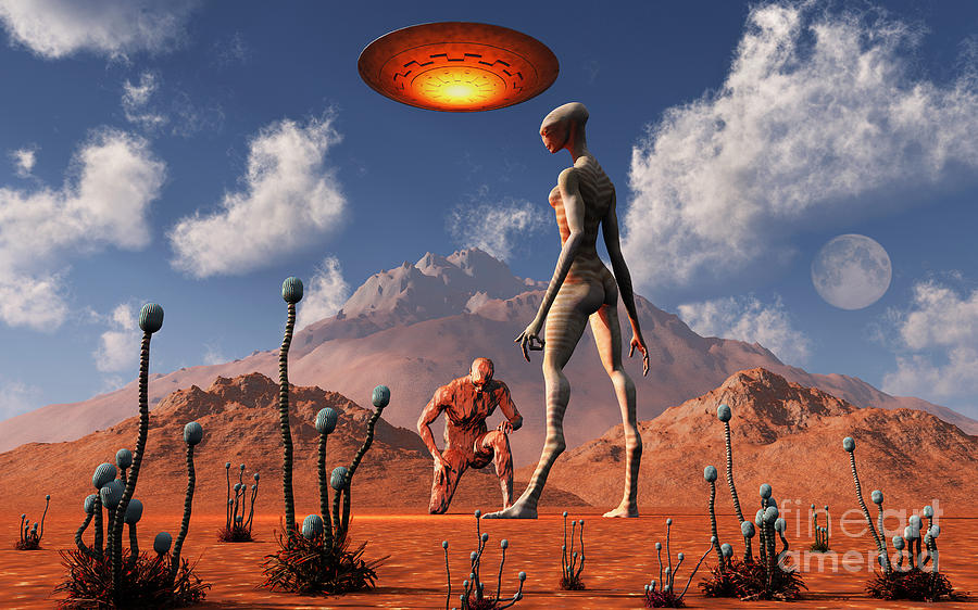 Adam Meeting An Alien Reptoid Being Digital Art