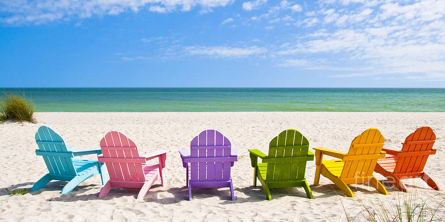 Beach Photograph - Adirondack Beach Chairs on a Sun Beach in front of a Holiday Vac by ELITE IMAGE photography By Chad McDermott