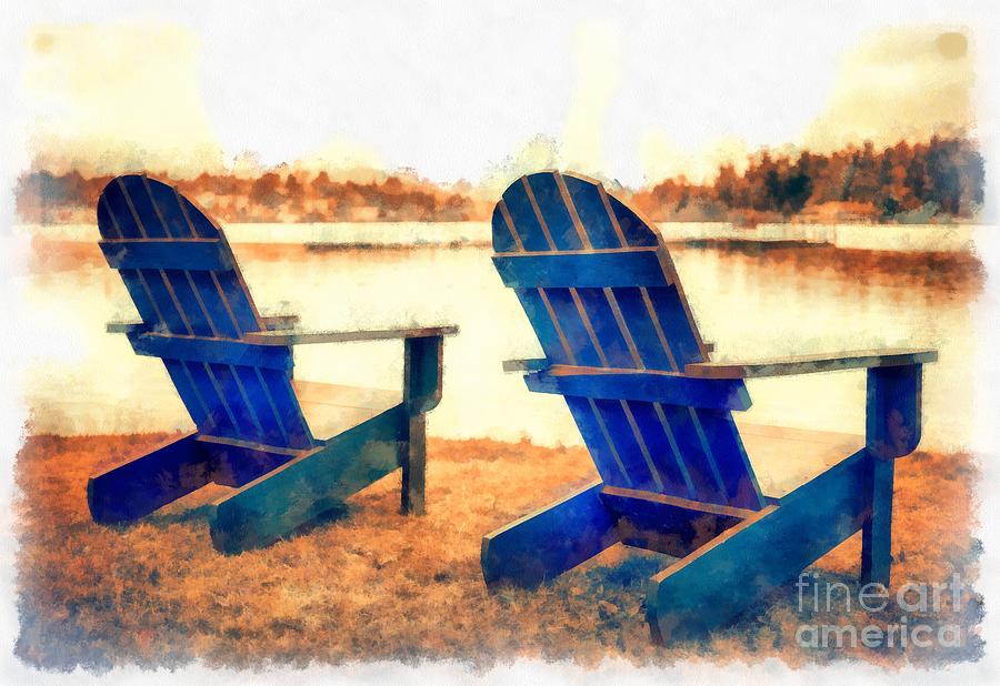 Landscape Photograph - Adirondack Chairs by the Lake by Edward Fielding