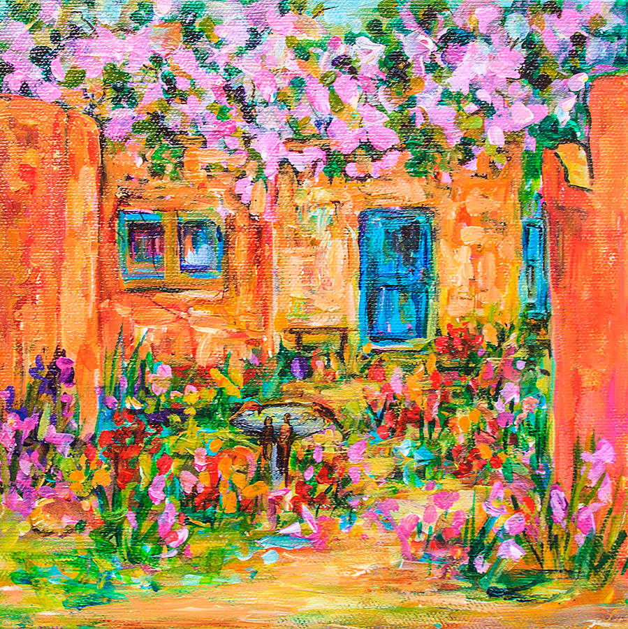 Adobe with Pink Flowers Painting by Sally Quillin