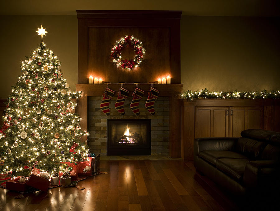 Adorned Christmas Tree, Wreath, and Garland Inside Living Room, Copyspace Photograph by Quavondo