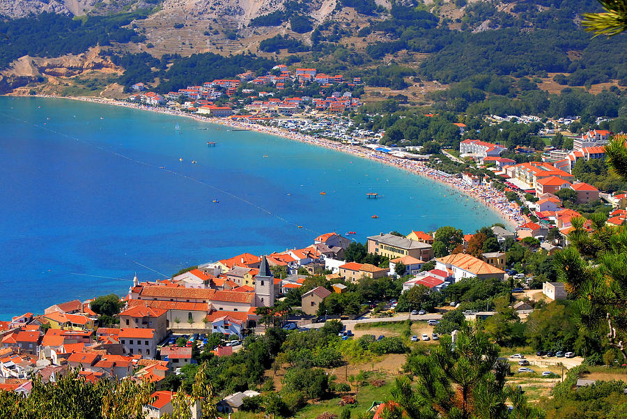 Adriatic Town of Baska aerial panorama Photograph by Brch Photography
