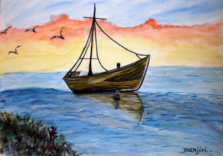 Adrift-A boat painting Painting by Manjiri Kanvinde