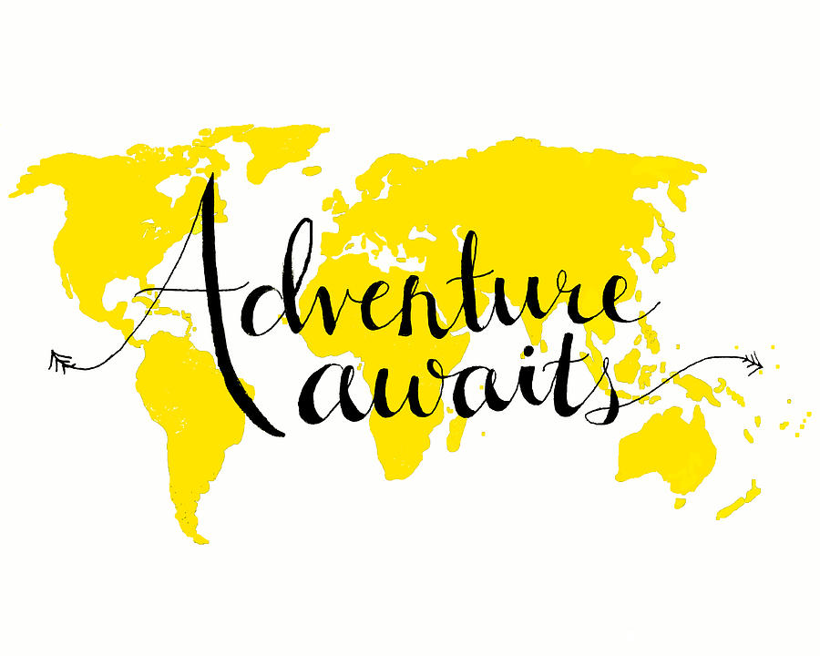 Inspirational Digital Art - Adventure Awaits - Custom Yellow Map Art by Michelle Eshleman