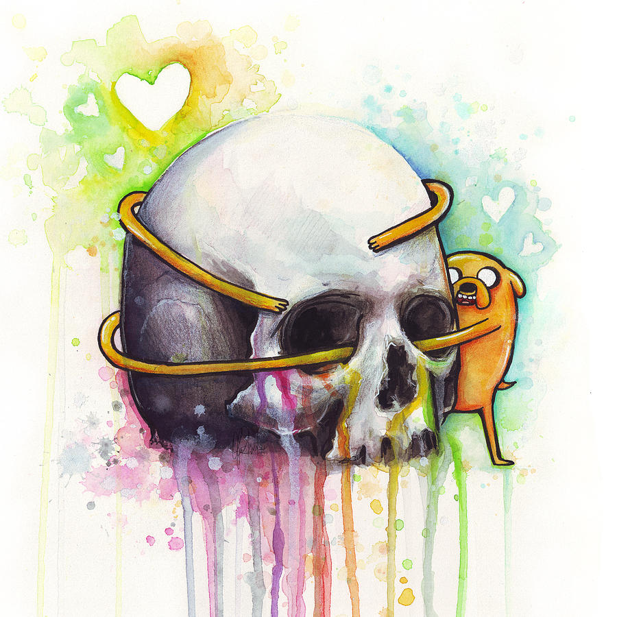 Dog Painting - Adventure Time Jake Hugging Skull Watercolor Art by Olga Shvartsur