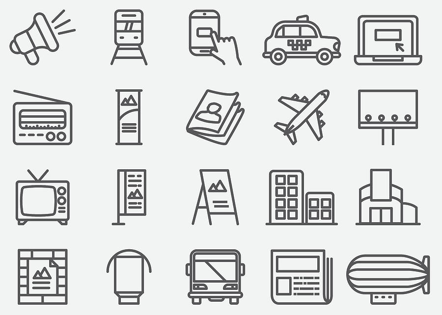 Advertising And Media Line Icons Drawing by LueratSatichob Advertising And Media Line Icons Drawing by LueratSatichob