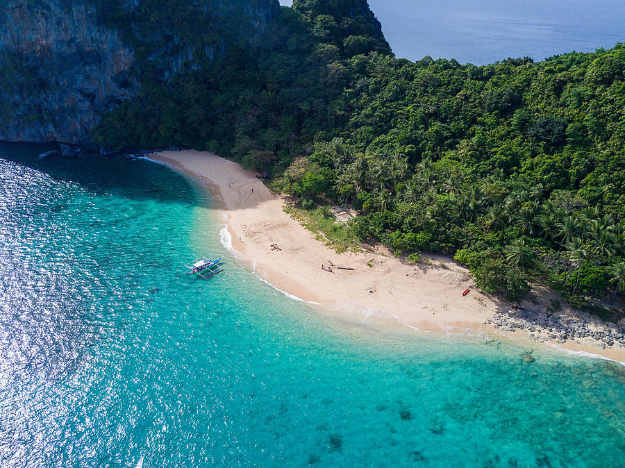 Aerial Drone Picture of the Limestone Island and White Sand Beach in El Nido, Palawan in the Philippines Photograph by Roman Skorzus