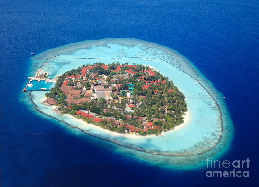 Aerial image of island with tourist resort - Maldives Photograph by Matteo Colombo