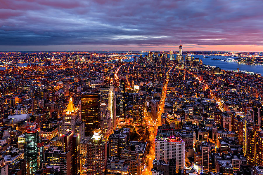 Aerial New York City at dusk Photograph by Mihai Andritoiu